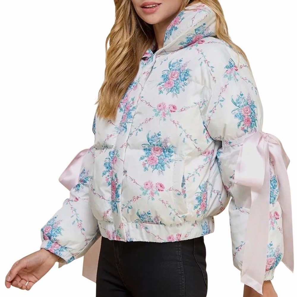 Loveshack Fancy Inspired Floral Puffer Jacket Multicolor Bow - Picture 3 of 5